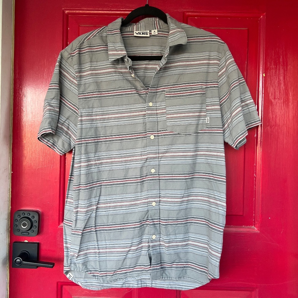 Vans Men's Medium Short Sleeve Button Up Casual Attire Grey Patterned Shirt